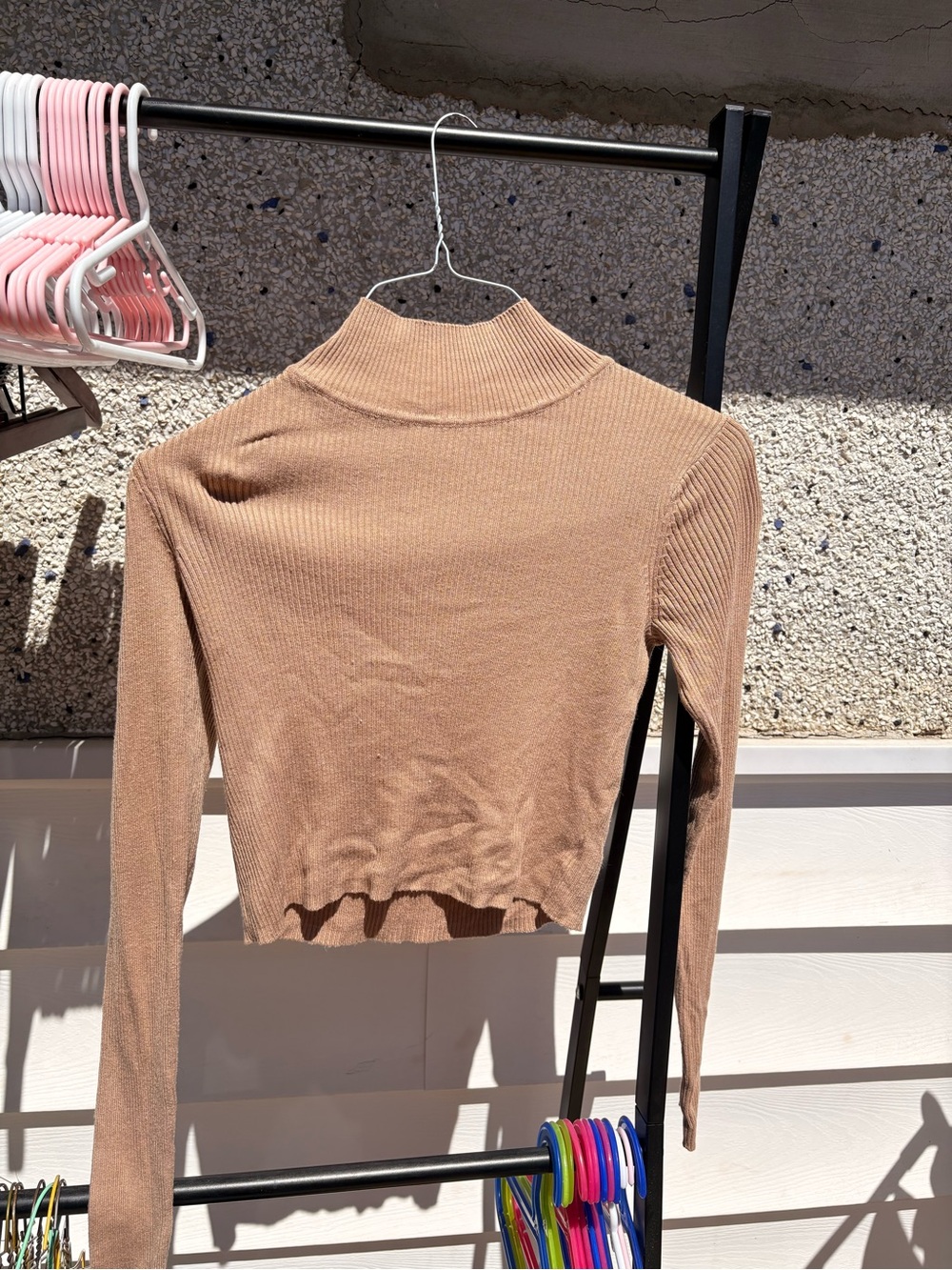 Ardene Ribbed Mock Neck Long Sleeve Top - Camel
